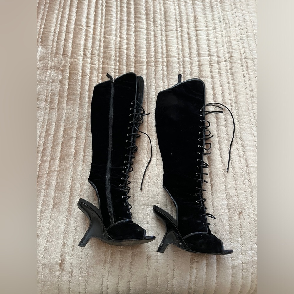 Tom ford black velvet leather over knee cut out boots